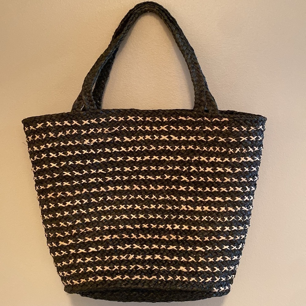 Annabel Ingall Australian Raffia Small Bibi Tote Gray V Deep Green Tan Cross Bag - Picture 6 of 12